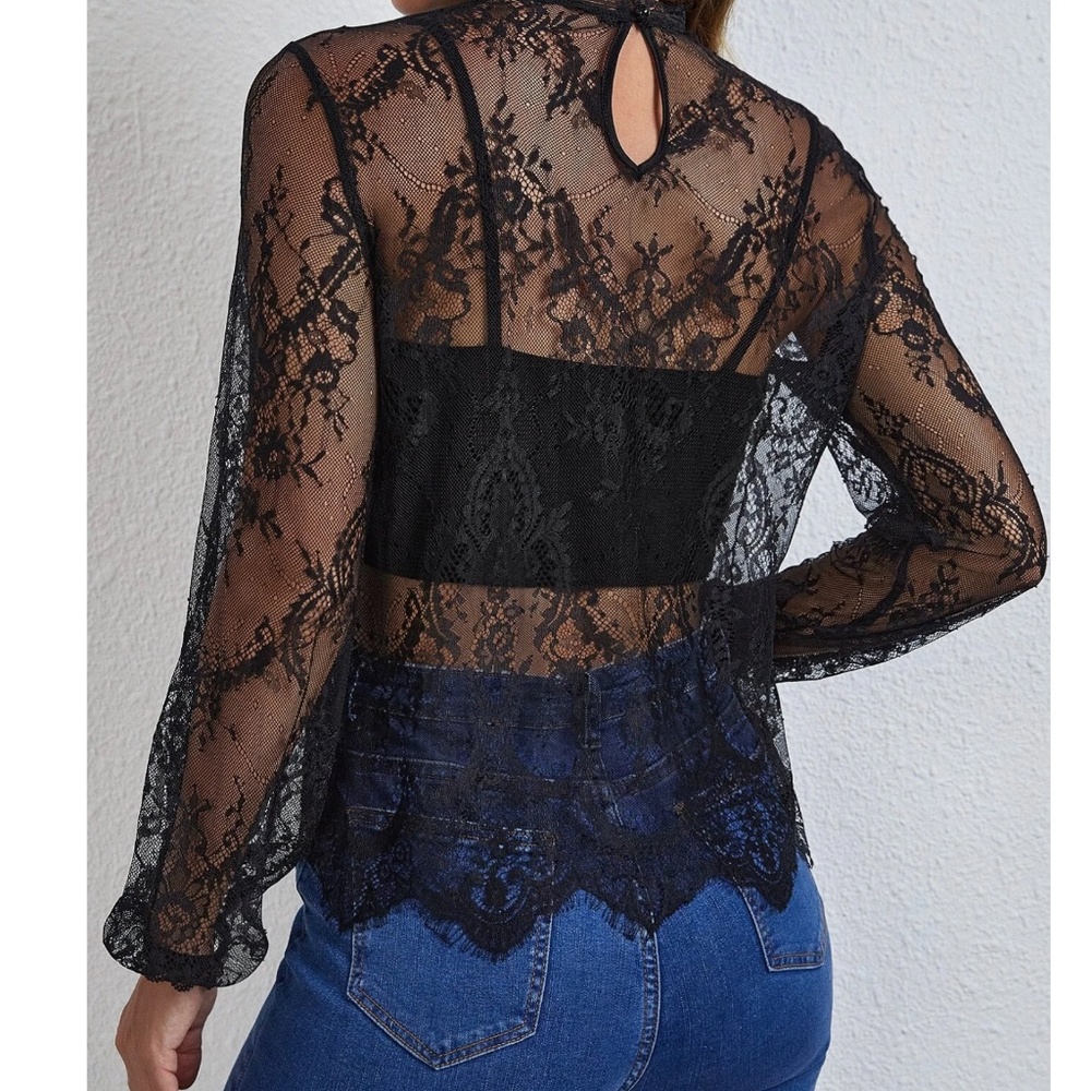 Romantic Sheer Floral lace Long sleeve Blouse - Picture 4 of 10